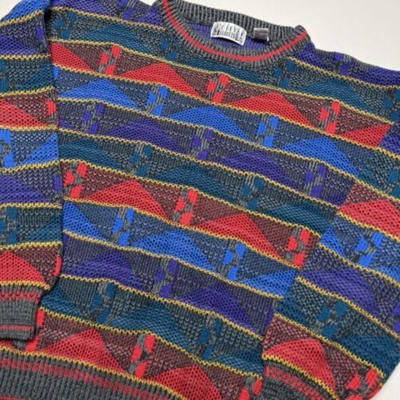 Vintage City Streets 3D 90s Multi Color Coogi Knit Cotton Sweater Size Large - Picture 2 of 4